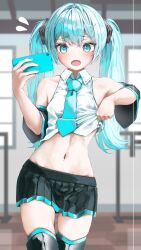 Rule 34 | 1girl, aqua eyes, aqua hair, aqua nails, aqua necktie, bare shoulders, black sleeves, blush, clothes lift, detached sleeves, grey shirt, hatsune miku, headset, highres, holding, holding phone, lifting own clothes, long hair, looking at viewer, navel, necktie, number tattoo, open mouth, phone, selfie, shirt, shirt lift, shirubaa, solo, tattoo, twintails, very long hair, vocaloid