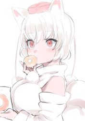 Rule 34 | 1girl, animal ears, breasts, doughnut, food, hat, highres, holding, holding food, inubashiri momiji, large breasts, pom pom (clothes), red eyes, shirt, short hair, solo, tail, tokin hat, touhou, upper body, white background, white hair, white shirt, white sleeves, wolf ears, wolf girl, wolf tail, yoyoiro (sysi20)