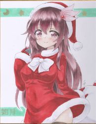 Rule 34 | 1girl, absurdres, brown eyes, brown hair, christmas, commentary request, dress, fur-trimmed dress, fur-trimmed headwear, fur trim, gloves, hair between eyes, hair ornament, hat, highres, kantai collection, kisaragi (kancolle), long hair, looking at viewer, marker (medium), red dress, red gloves, red hat, sack, santa costume, santa dress, santa gloves, santa hat, solo, traditional media, yuuki chima