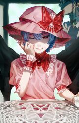 Rule 34 | 2girls, absurdres, black wings, blue hair, bow, braid, brooch, closed mouth, fangs, fingernails, frilled sleeves, frills, gem, hair bow, hat, hat bow, heshiko disco, highres, izayoi sakuya, jewelry, looking at viewer, multiple girls, one eye closed, pink headwear, pink shirt, pointy ears, puffy short sleeves, puffy sleeves, red bow, red eyes, red gemstone, remilia scarlet, sharp fingernails, shirt, short hair, short sleeves, table, touhou, wings, wrist cuffs