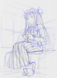 Rule 34 | 1girl, cup, dress, hat, kasuga yukihito, long dress, long hair, monochrome, patchouli knowledge, sitting, sketch, solo, striped, teacup, touhou, traditional media, vertical stripes