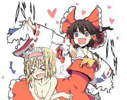 Rule 34 | &gt; &lt;, 2girls, alice margatroid, blood, blush, breasts, cleavage, closed eyes, covering privates, crazy eyes, female focus, hakurei reimu, multiple girls, natsuk, nosebleed, open mouth, saliva, skirt, smile, torn clothes, touhou, undressing, uro (urotanc), white background, you gonna get raped, yuri