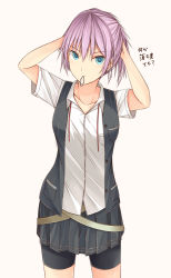 Rule 34 | 10s, 1girl, adjusting hair, arms behind head, arms up, bike shorts, black skirt, black vest, blue eyes, collarbone, collared shirt, cowboy shot, dress shirt, kanpyo (hghgkenfany), kantai collection, light purple hair, looking at viewer, mouth hold, neck ribbon, no gloves, open clothes, open vest, pleated skirt, red ribbon, ribbon, rubber band, school uniform, shiranui (kancolle), shirt, short hair, short ponytail, short sleeves, shorts, shorts under skirt, skirt, solo, translation request, vest, white shirt