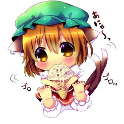 Rule 34 | 1girl, animal ears, barefoot, brown eyes, brown hair, cat ears, cat tail, chen, chibi, chocolat (momoiro piano), eating, food, hat, ice cream, ice cream cone, looking at viewer, mob cap, multiple tails, nekomata, short hair, solo, tail, touhou, translation request