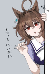 Rule 34 | 1girl, agnes tachyon (umamusume), ahoge, animal ears, bow, brown hair, chemical structure, chestnut mouth, commentary request, earrings, grey background, highres, horse ears, horse girl, jewelry, looking at viewer, messy hair, miya nns35, peeking out, puffy short sleeves, puffy sleeves, purple shirt, red eyes, sailor collar, school uniform, shirt, short hair, short sleeves, single earring, solo, summer, tracen school uniform, translation request, umamusume, upper body, white bow