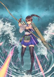 Rule 34 | 10s, 1girl, archery, black thighhighs, bow (weapon), brown eyes, brown hair, fingerless gloves, gloves, highres, japanese clothes, kaga (kancolle), kantai collection, light particles, mount fuji, mountain, muneate, ocean, open mouth, partially fingerless gloves, partly fingerless gloves, ponytail, quiver, ryouku, side ponytail, sky, solo, thighhighs, water, waves, weapon, yugake, zettai ryouiki