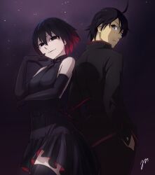 Rule 34 | 1boy, 1girl, \||/, ahoge, araragi koyomi, arm under breasts, arms at sides, back-to-back, backless dress, backless outfit, bare back, bare shoulders, black background, black bow, black bowtie, black dress, black eyes, black gloves, black hair, black jacket, black pants, black thighhighs, bob cut, bow, bowtie, breasts, colored inner hair, commentary, cowboy shot, dress, dress bow, elbow gloves, empty eyes, english commentary, from below, gakuran, gloves, gradient background, hair between eyes, halter dress, halterneck, hand on own elbow, hand to own mouth, hands in pockets, highres, jacket, light frown, light particles, light smile, looking at viewer, looking back, looking down, medium breasts, monogatari (series), multicolored hair, naoetsu high school uniform, oshino ougi, pants, purple background, red hair, school uniform, shaded face, short dress, short hair, signature, sleeveless, sleeveless dress, smile, spookyjamil, standing, thighhighs, two-sided fabric, zettai ryouiki
