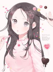 Rule 34 | 1girl, bad id, bad pixiv id, braid, brown eyes, brown hair, cosmetics, english text, hair ornament, hairclip, heart, heart hair ornament, highres, lipstick, lipstick tube, long hair, makeup, original, out of frame, parted lips, pov, pov hands, shizuko (chipccchip), solo focus, text focus, upper body, white background, x hair ornament