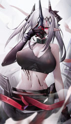 Rule 34 | 1girl, absurdres, arknights, bad id, bad pixiv id, bare shoulders, binggong asylum, black collar, breasts, cleavage, collar, commentary request, covered erect nipples, crop top, grey background, hand up, highres, horns, infection monitor (arknights), large breasts, long hair, looking at viewer, mask, material growth, midriff, mudrock (arknights), mudrock (elite ii) (arknights), navel, oripathy lesion (arknights), partial commentary, pointy ears, red eyes, silver hair, solo, sports bra, stomach, upper body