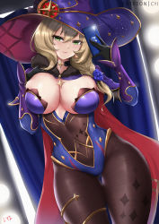Rule 34 | 1girl, blue hat, blush, breasts, brown hair, brown pantyhose, cleavage, cyicheng, genshin impact, gold trim, green eyes, hat, large breasts, lisa (genshin impact), long hair, looking at viewer, low tied hair, mona (genshin impact), pantyhose, smile, solo, thighs, witch hat