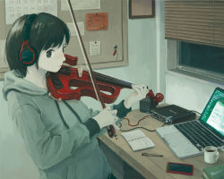 Rule 34 | 1girl, black eyes, black hair, book, bow (music), computer, cup, desk, drawstring, electric violin, expressionless, grey hoodie, headphones, holding, holding instrument, holding violin, hood, hood down, hoodie, indoors, instrument, kensight328, laptop, long sleeves, looking at viewer, music, original, phone, playing instrument, short hair, signature, solo, upper body, violin, window