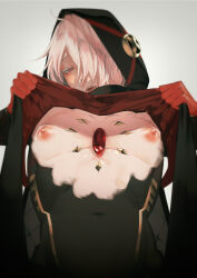 Rule 34 | 1boy, androgynous, blue eyes, blush, clothes lift, colored eyelashes, facing viewer, fate/grand order, fate (series), from below, gloves, hair over one eye, half-closed eyes, highres, hood, hood up, karna (fate), karna (santa) (fate), looking at viewer, looking down, male focus, navel, nipples, open mouth, pectorals, puffy nipples, red gloves, short hair, sm, solo, upper body, white hair