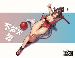 Rule 34 | 1girl, arm support, artist name, breasts, brown eyes, brown hair, cleavage, curvy, fatal fury, feet, fingerless gloves, full body, gloves, hand fan, highres, japanese clothes, large breasts, legs, long hair, looking at viewer, mar10, open mouth, ponytail, revealing clothes, shiny skin, shiranui mai, sitting, smile, snk, solo, source request, the king of fighters, the king of fighters xv, thick thighs, thighs, wide hips