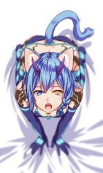 Rule 34 | 1girl, animal ears, bad id, bad pixiv id, bikini, blue bikini, blue eyes, blue gloves, blue hair, braid, breasts, cat ears, cat tail, cleavage, elbow gloves, from above, front-tie bikini top, front-tie top, gloves, heterochromia, horns, io (pso2), looking at viewer, looking up, neon trim, nyanmaru (ememing), open mouth, phantasy star, phantasy star online 2, short hair, side braid, small breasts, solo, swimsuit, tail, white background, yellow eyes
