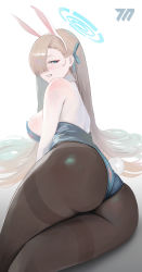 Rule 34 | 1girl, absurdres, arm support, ass, asuna (blue archive), asuna (bunny) (blue archive), back, bare shoulders, blue archive, blue eyes, blue halo, blue leotard, blue ribbon, breasts, brown pantyhose, dalcom, detached collar, hair over one eye, hair ribbon, halo, highres, large breasts, leotard, light brown hair, long bangs, long hair, looking at viewer, lying, on side, pantyhose, playboy bunny, ribbon, seductive smile, sideboob, smile, solo, thighband pantyhose, thighs, white background