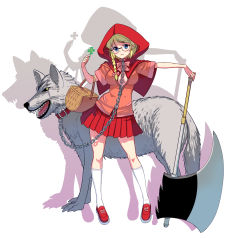 Rule 34 | 1girl, axe, basket, battle axe, blonde hair, blue eyes, braid, breasts, breasts apart, chain, cleavage, cleavage cutout, clothing cutout, clover, collar, fangs, four-leaf clover, full body, glasses, highres, hood, kouno (masao), large breasts, leash, little red riding hood, little red riding hood (grimm), looking at viewer, original, round eyewear, scar, scar across eye, scar on face, shirt, short sleeves, single braid, skirt, solo, standing, weapon, white background, wolf