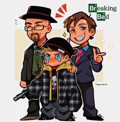 Rule 34 | 3boys, = =, absurdres, animification, baggy clothes, baggy pants, beanie, black headwear, blue eyes, blush, breaking bad, brown hair, closed eyes, coat, copyright name, facial hair, formal, glasses, grin, gun, hat, highres, hood, hood down, huyandere, jacket, jesse pinkman, logo, male focus, multiple boys, necktie, open clothes, open coat, pants, saul goodman, shirt, signature, simple background, smile, sparkle, standing, star (symbol), suit, tears, walter white, weapon