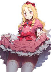 Rule 34 | 10s, 1girl, blonde hair, blush, bow, breasts, brown eyes, clothes lift, dress, dress lift, drill hair, eromanga sensei, gluteal fold, hair bow, hairband, lifted by self, long hair, looking at viewer, no panties, parted bangs, pink dress, pointy ears, red bow, ririko (zhuoyandesailaer), small breasts, smile, solo, thighhighs, thighs, twin drills, v-shaped eyebrows, white thighhighs, yamada elf