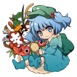Rule 34 | 1girl, backpack, bag, blue dress, blue eyes, blue hair, boots, cattail, dress, female focus, fish, fujino ichi, hair bobbles, hair ornament, hammer, hat, kawashiro nitori, matching hair/eyes, melodybullet, no nose, plant, randoseru, screwdriver, short hair, short twintails, sitting, smile, solo, tools, touhou, twintails, two side up, wrench