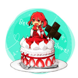 Rule 34 | 1girl, alternate hairstyle, blouse, bow, braid, cake, chocolate, cross, female focus, food, fork, fruit, hair bow, long hair, okazaki yumemi, plate, red eyes, red hair, saliva, shirt, single braid, solo, strawberry, suiyou taruta, touhou, touhou (pc-98), twintails, two side up, vest, white shirt