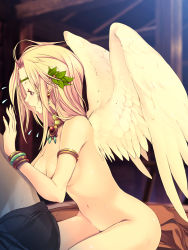 Rule 34 | 1girl, angel, angel wings, armlet, atashi no kakedashi yuusha-sama, blonde hair, breasts, clothed male nude female, earrings, feathered wings, fingernails, flying sweatdrops, glint, grey eyes, head wreath, highres, jewelry, large breasts, long hair, lots of jewelry, necklace, nude, open mouth, reitou shijimi, shijimi (osumashi), solo, sweat, white wings, wings