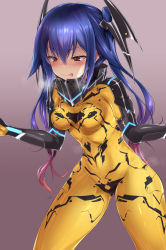 Rule 34 | 1girl, blue hair, blush, bodysuit, breasts, covered navel, hair between eyes, highres, long hair, medium breasts, multicolored hair, phantasy star, phantasy star online 2, red eyes, shimo (depthbomb), skin tight, solo, twintails, yellow bodysuit, zelsius