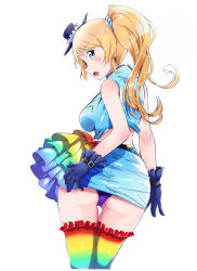 Rule 34 | 10s, 1girl, :o, arms at sides, ass, ayase eli, bad id, bad pixiv id, belt, blonde hair, blue eyes, blue gloves, blush, breasts, buckle, crop top, frilled hat, frilled thighhighs, frills, from behind, gloves, hat, highres, kaya (trumpkin00), legs together, looking back, love live!, love live! school idol festival, love live! school idol project, microskirt, midriff, multicolored clothes, multicolored legwear, open mouth, panties, pantyshot, pencil skirt, pointy nose, ponytail, purple panties, rainbow legwear, scrunchie, shirt, simple background, skirt, sleeveless, sleeveless shirt, solo, standing, thigh gap, thighhighs, underwear, white background