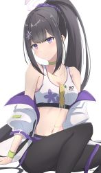 Rule 34 | 1girl, absurdres, afnroll, black hair, blue archive, choker, closed mouth, crop top, flower, green choker, hair flower, hair ornament, highres, light blush, long hair, looking at viewer, midriff, ponytail, purple eyes, simple background, sitting, solo, sports bra, sukimizaki, sumire (blue archive), sweat, upper body, white background