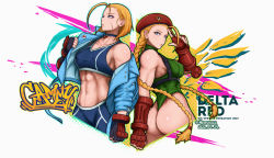 Rule 34 | 2girls, abs, antenna hair, armored gloves, ass, back-to-back, beret, black gloves, blonde hair, blue choker, blue eyes, blue jacket, braid, breasts, cammy white, capcom, character name, chest harness, choker, commentary, covered erect nipples, cropped jacket, cropped legs, dual persona, elbow pads, english commentary, eyeshadow, facial scar, gloves, green leotard, hair slicked back, harness, hat, hershuar, highleg, highleg leotard, jacket, leather, leather jacket, leotard, long hair, makeup, medium breasts, midriff, multiple girls, muscular, muscular female, navel, off shoulder, pink eyeshadow, red gloves, red headwear, salute, scar, scar on cheek, scar on face, short hair, single elbow pad, sports bra, street fighter, street fighter 6, street fighter v, thong leotard, twin braids, undressing, vambraces