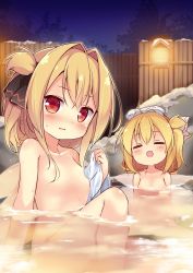 Rule 34 | 2girls, baku-p, bath, blonde hair, blush, closed eyes, fairy wings, flat chest, lily black, lily white, long hair, looking at viewer, multiple girls, nude, onsen, open mouth, outdoors, partially submerged, red eyes, ribbon, smile, touhou, towel, towel on head, water, wings