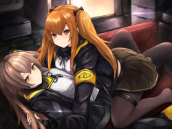 Rule 34 | 2girls, black pantyhose, black skirt, blush, breasts, brown eyes, brown hair, couch, fingerless gloves, girls&#039; frontline, gloves, hair between eyes, hair ornament, hairclip, highres, hood, hood down, hooded jacket, indoors, jacket, long hair, looking at viewer, lying, lying on another, medium breasts, monitor, multiple girls, neck ribbon, one side up, orange hair, pantyhose, pleated skirt, ribbon, ryara, scar, scar across eye, scar on face, scarf, shirt, sidelocks, skirt, small breasts, smile, straddling, thigh strap, twintails, ump45 (girls&#039; frontline), ump9 (girls&#039; frontline), white shirt, yellow eyes