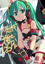 Rule 34 | 1girl, 2others, aqua eyes, aqua hair, armband, bare shoulders, black gloves, commentary, cowboy shot, expressionless, fingerless gloves, gloves, goodsmile racing, hatsune miku, headphones, headset, highres, holding, impact wrench, jacket, leg armor, leg tattoo, len (a-7), long hair, multiple others, off-shoulder jacket, off shoulder, racing miku, racing miku (2020), sidelighting, sitting, sports bra, sweat, tattoo, twintails, very long hair, vest, vocaloid, zipper