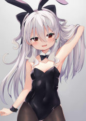 Rule 34 | 1girl, :d, absurdres, animal ears, arm behind head, arm up, black hairband, black leotard, black pantyhose, blush, breasts, child, earrings, fake animal ears, grey background, grey hair, hair between eyes, hairband, hand in own hair, highres, ikazu401, jewelry, leotard, long hair, open mouth, original, pantyhose, playboy bunny, rabbit ears, red eyes, simple background, small breasts, smile, solo, strapless, strapless leotard, two side up, very long hair, wrist cuffs