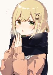 Rule 34 | 1girl, :o, absurdres, black scarf, blonde hair, blush, bow, breath, brown eyes, brown sweater, earrings, green eyes, grey background, hair bow, heterochromia, highres, ibara muan, jewelry, long sleeves, looking at viewer, notice lines, original, parted lips, puffy long sleeves, puffy sleeves, scarf, signature, simple background, sleeves past wrists, sofra, solo, sweater, teeth, twitter username, upper body, upper teeth only, white background