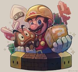 Rule 34 | 1boy, :d, ? block, artist name, block (mario), block (object), blooper (mario), blue eyes, brick block, brown hair, builder mario, buttons, closed mouth, co co mg, commentary request, facial hair, gloves, goomba, grey background, hands up, hard hat, hat, helmet, holding, koopa troopa, looking at viewer, mario, mario (series), mustache, nintendo, open mouth, overalls, piranha plant, red overalls, rotating block, sharp teeth, shirt, short hair, simple background, smile, sparkle, super mario maker, teeth, tusks, twitter username, upper teeth only, v-shaped eyebrows, warp pipe, white gloves, yellow headwear, yellow shirt