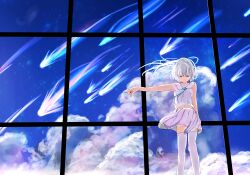 Rule 34 | 1girl, blue necktie, blue sky, closed mouth, cloud, comet, dot nose, fingernails, fujiiropen, highres, light smile, midriff, navel, necktie, original, pointing, pointing to the side, scenery, shirt, short hair, sky, sleeveless, sleeveless shirt, solo, star (sky), starry sky, summer, thighhighs, white hair, white shirt, white thighhighs