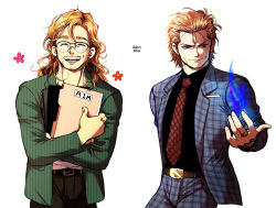 Rule 34 | 2boys, aldrich killian, animification, bad id, bad pixiv id, before and after, blonde hair, blue fire, dual persona, fire, folder, formal, glasses, iron man 3, jungyun99, male focus, marvel, marvel cinematic universe, multiple boys, necktie, suit