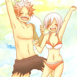 Rule 34 | 1boy, 1girl, :d, arm up, bare arms, bikini, black shorts, blush, bra, breasts, cheering, cleavage, clenched hand, closed eyes, collarbone, facing viewer, fairy tail, fang, fangs, fire, fist pump, flame print, hand up, happy, height difference, holding, holding swim ring, innertube, lisanna strauss, lowres, medium breasts, midriff, multicolored bikini, multicolored bikini bottom, multicolored bikini top, multicolored bra, multicolored clothes, multicolored panties, multicolored shorts, natsu dragneel, open mouth, panties, pectorals, pink hair, puuma (pixiv1277374), red bikini, red bra, red panties, short hair, shorts, smile, spiked hair, standing, swim ring, swimsuit, teeth, tongue, topless, underwear, white bikini, white bra, white hair, white panties