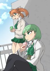 Rule 34 | 2girls, blouse, bob cut, bow, bowtie, brown hair, cellphone, cloud, drinking straw, green bow, green bowtie, green eyes, green hair, green skirt, highres, juice box, looking down, looking to the side, multiple girls, nanase (under night in-birth), natadekoko zr, on ground, pantyhose, phone, phonon (under night in-birth), railing, rooftop, school roof, school uniform, shirt, short hair, skirt, sky, tagme, twintails, under night in-birth