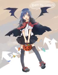 Rule 34 | 10s, 1girl, arm warmers, asashio (kancolle), bat wings, black hair, black thighhighs, blue eyes, candy, cape, food, halloween, jack-o&#039;-lantern, kantai collection, kayuma, long hair, open mouth, pleated skirt, school uniform, shirt, skirt, smile, solo, suspenders, thighhighs, vampire costume, wings