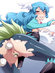 Rule 34 | 10s, 1girl, anal, anal object insertion, anus, ass, bad id, bad pixiv id, bare shoulders, blue gloves, blue hair, blush, boots, breasts, censored, character censor, clenched teeth, closed eyes, egg, egg laying, etotama, gloves, head wings, highres, large breasts, long hair, maeda r44, nipples, no bra, novelty censor, object insertion, piyo-tan, pussy, pussy juice, scowl, side ponytail, solo, sweat, teeth, torn clothes, wings