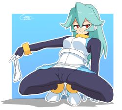 Rule 34 | 2018, arm support, blue background, bodystocking, bracelet, breasts, cameltoe, capcom, cleft of venus, clothes pull, dated, fingerless gloves, gloves, green hair, hair between eyes, high heels, holding, holding clothes, holding panties, holding underwear, jewelry, long hair, looking to the side, medium breasts, mega man (series), mega man zx, pandora (mega man), panties, red eyes, shoes, shoutaro saito, sidelocks, signature, simple background, skirt, skirt pull, smile, solo, solo focus, spandex, spread legs, squatting, tight clothes, underwear