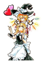 Rule 34 | 2girls, :3, apron, ballpoint pen (medium), black dress, blonde hair, borrowed clothes, bow, braid, carrying, closed eyes, colored pencil (medium), dress, flandre scarlet, goku (acoloredpencil), gokuu (acoloredpencil), happy, hat, hat bow, headwear switch, heart, highres, kirisame marisa, multiple girls, puffy sleeves, red dress, shirt, short sleeves, shoulder carry, side ponytail, simple background, single braid, smile, touhou, traditional media, waist apron, white background, wings, witch hat, yellow eyes