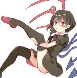 Rule 34 | 1girl, asymmetrical wings, black dress, black hair, black thighhighs, blue wings, blush, bow, bowtie, center frills, closed mouth, dress, foot out of frame, frills, frown, hair between eyes, holding leg, houjuu nue, leg up, paragasu (parags112), pointy ears, red bow, red bowtie, red eyes, red footwear, red wings, shoes, short dress, short hair, short sleeves, simple background, sitting, solo, thighhighs, touhou, white background, wings, wristband