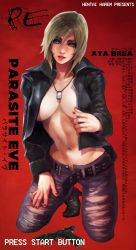 Rule 34 | 1girl, absurdres, aya brea, belt, black footwear, black shirt, blonde hair, blue eyes, blue pants, boots, breasts, character name, collarbone, commentary, copyright name, denim, dog tags, english commentary, english text, eyelashes, eyeshadow, gun, hair between eyes, hand on own thigh, handgun, head tilt, high heel boots, high heels, highres, jeans, jewelry, kneeling, large breasts, locked slide, looking at viewer, loose belt, makeup, monori rogue, nail polish, navel, no bra, open clothes, open fly, open shirt, pants, parasite eve, parasite eve the 3rd birthday, pendant, pistol, pixelated, red background, red nails, shirt, short hair, solo, studded belt, torn clothes, torn jeans, torn pants, translation request, unbuttoned, unbuttoned shirt, weapon