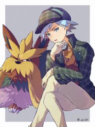 Rule 34 | 1boy, alternate costume, anidf, aqua eyes, border, brown vest, buttons, collared jacket, collared shirt, commentary request, creatures (company), crossed legs, game freak, gen 5 pokemon, gloves, grey background, grey ribbon, hat, highres, invisible chair, jacket, long sleeves, male focus, neck ribbon, nintendo, official alternate costume, open mouth, pants, plaid, plaid headwear, plaid jacket, pokemon, pokemon (creature), pokemon masters ex, ribbon, shirt, short hair, sitting, steven stone, steven stone (special costume), stoutland, twitter username, vest, watermark, white border, yellow shirt