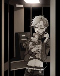 Rule 34 | 1boy, bouquet, crop top, daisy, eyelashes, closed eyes, flower, freckles, highres, holding, holding bouquet, holding phone, jojo no kimyou na bouken, male focus, midriff, monochrome, payphone, phone, phone booth, ribbed sweater, sempon (doppio note), sepia, solo, sweater, talking on phone, turtleneck, vento aureo, vinegar doppio
