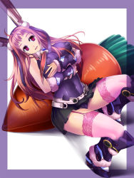 Rule 34 | 1girl, ahoge, animal ears, breast lift, breasts, brown hair, carrot, covered erect nipples, fujimon, garter straps, lace, lace-trimmed legwear, lace trim, large breasts, long hair, md5 mismatch, original, pink thighhighs, puffy nipples, purple eyes, rabbit ears, red hair, robot ears, skirt, solo, thighhighs