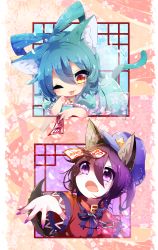 Rule 34 | 2girls, absurdres, animal ears, aqua dress, bad id, bad pixiv id, bell, beret, blue hair, cat ears, cat tail, chain, collar, dog ears, dog tail, dress, fang, hair ornament, hair rings, hair stick, hat, highres, jiangshi, kaenuco, kaku seiga, kemonomimi mode, miyako yoshika, multiple girls, neck bell, ofuda, one eye closed, open mouth, outstretched arms, puffy sleeves, purple eyes, purple hair, shirt, short hair, short sleeves, slit pupils, smile, spell card, tail, tongue, tongue out, touhou, wink, yellow eyes, zombie pose