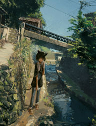Rule 34 | 1girl, absurdres, animal ears, black hair, bottle, bridge, canal, cat ears, cat tail, denim, ear piercing, earrings, highres, huge filesize, jeans, jewelry, katakai, original, outdoors, oversized clothes, oversized shirt, pants, piercing, power lines, retaining wall, rural, sandals, scenery, shirt, short hair, solo, summer, tail, towel, towel around neck, water bottle, wiping, wiping face, wiping sweat